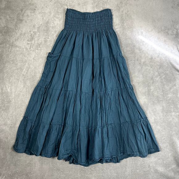 Cotton Flower Tiered Maxi Skirt Women's S Teal Stretch Boho Peasant Hippie - Picture 1 of 8